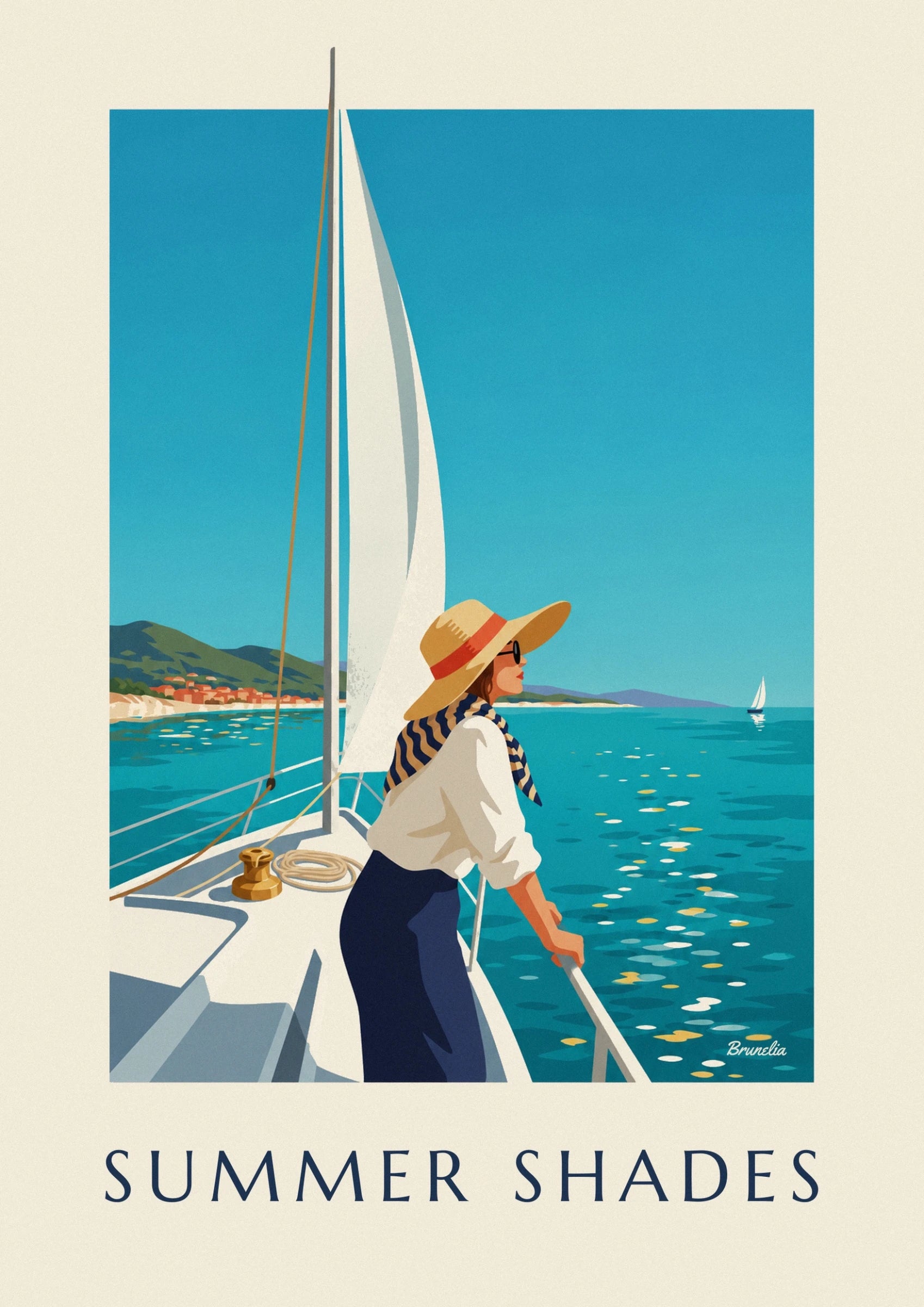 The woman in a straw hat and striped scarf leaning against the sailing boat’s railing