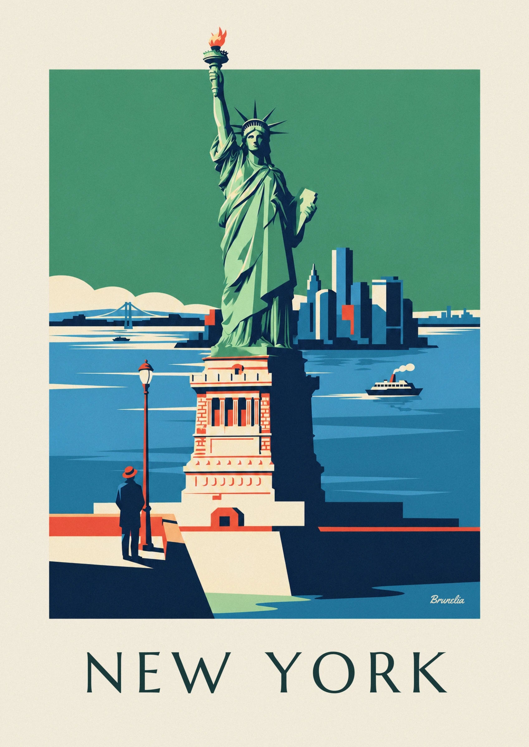 La Statua della Libertà con la torcia alzata, di fronte allo skyline blu su sfondo verde