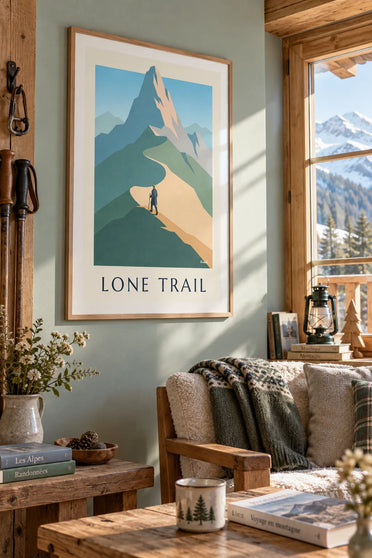 Affiche randonneur solitaire sur un sentier de crête en montagne : encadrée au mur