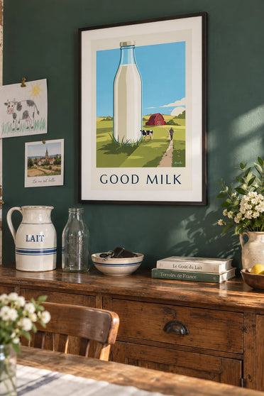 Poster of a glass bottle of farm-fresh milk and a cow in a meadow: framed on the wall