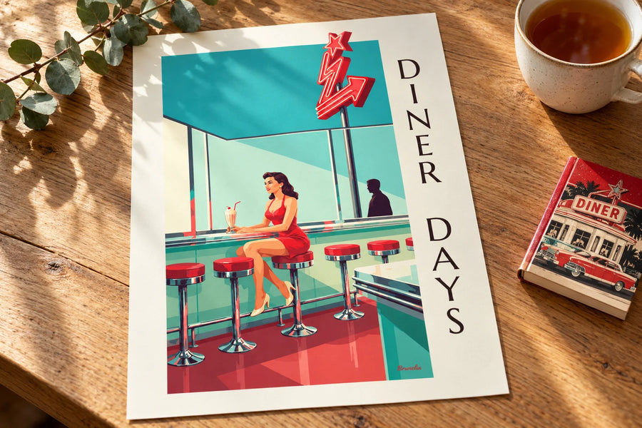 Poster pin-up al bancone di un diner americano: appoggiato su un tavolo