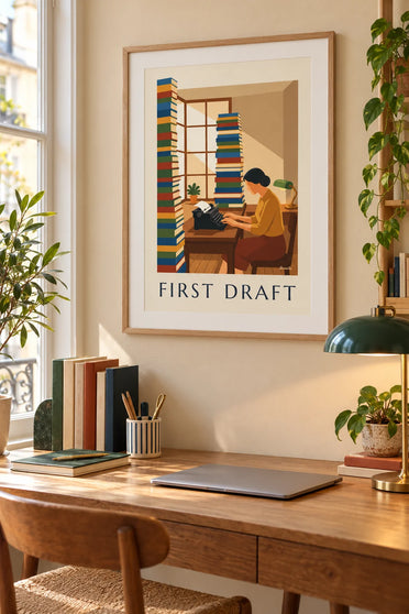 Poster con scrittrice alla macchina da scrivere: con cornice alla parete