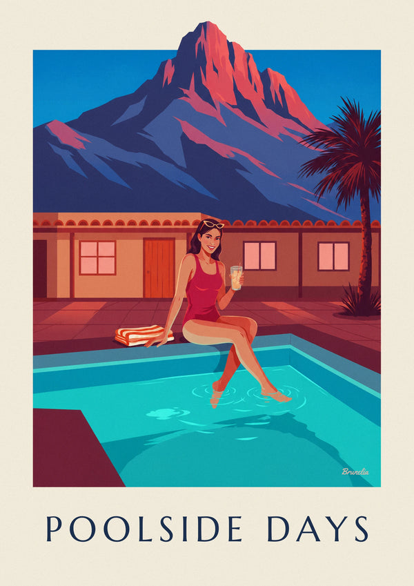 Poster donna a bordo piscina di un motel ai piedi di una montagna