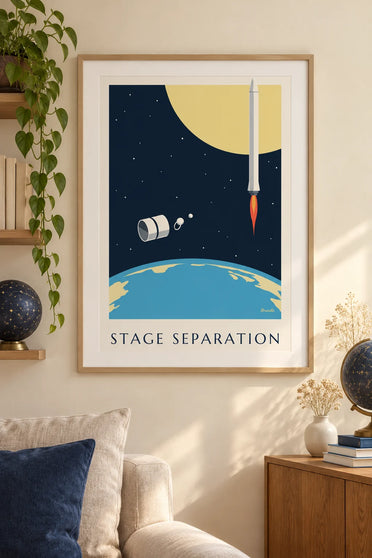 Affiche étages de fusée se séparant au-dessus de la Terre : encadrée au mur