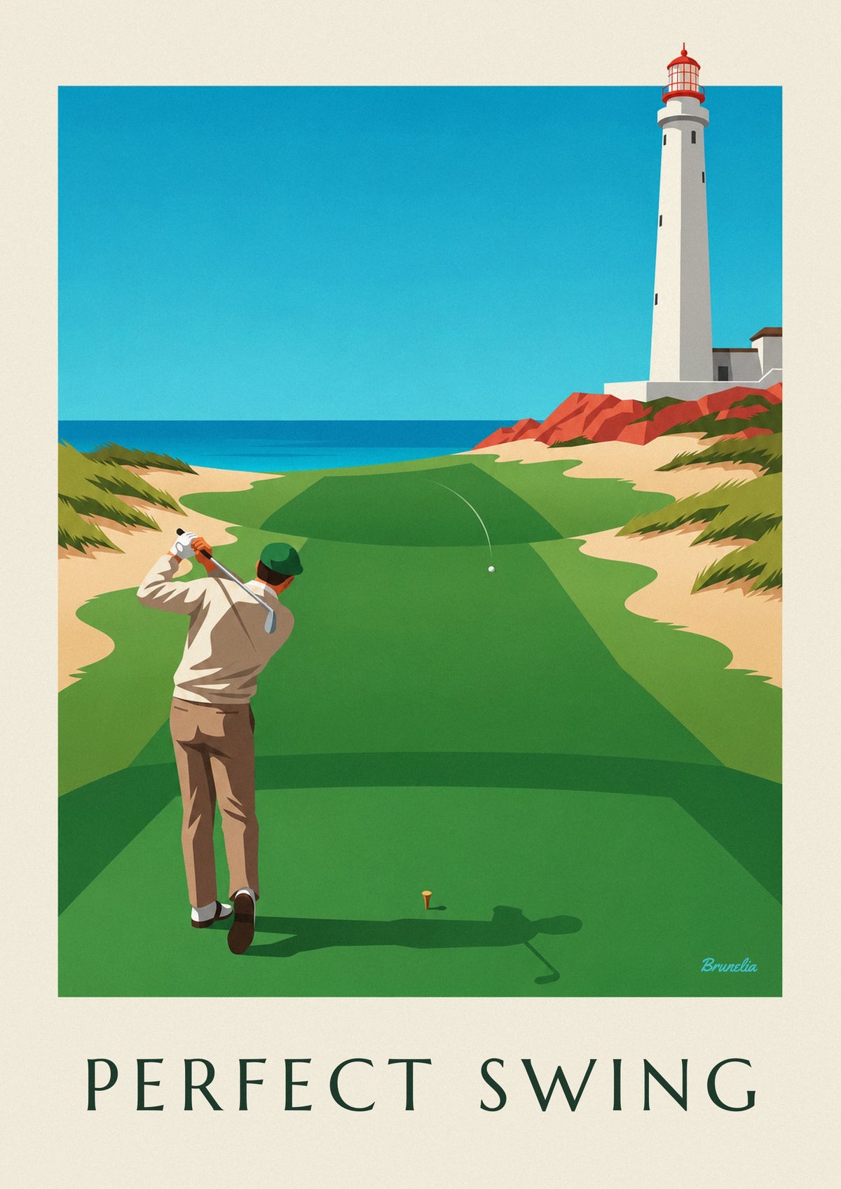 Poster golfista in pieno swing su un links a picco sulla scogliera