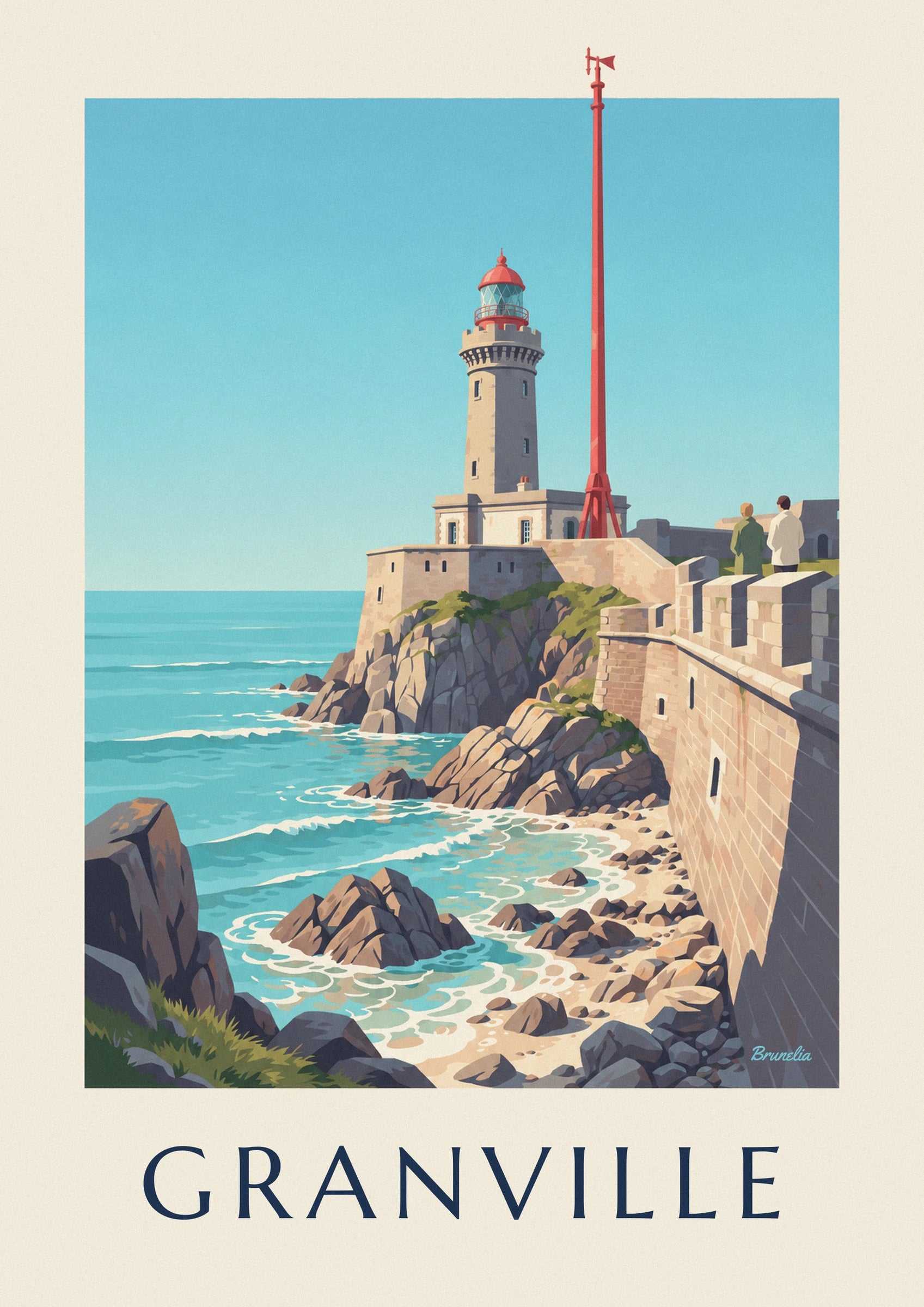 Poster faro bianco con lanterna rossa sugli scogli di Granville: dettaglio in primo piano