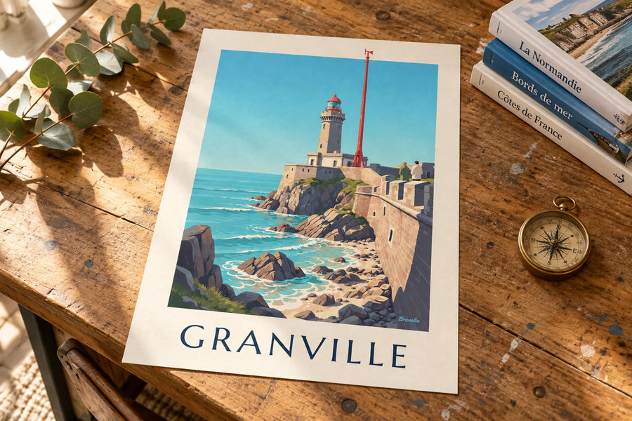 Poster di un faro bianco con lanterna rossa sugli scogli di Granville: appoggiato su un tavolo