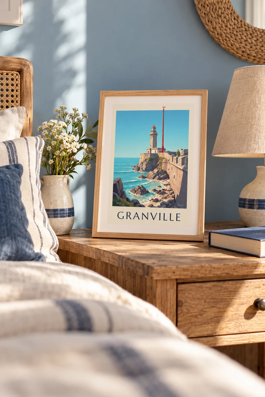 Poster faro bianco con lanterna rossa sugli scogli di Granville: formato piccolo A4 con cornice