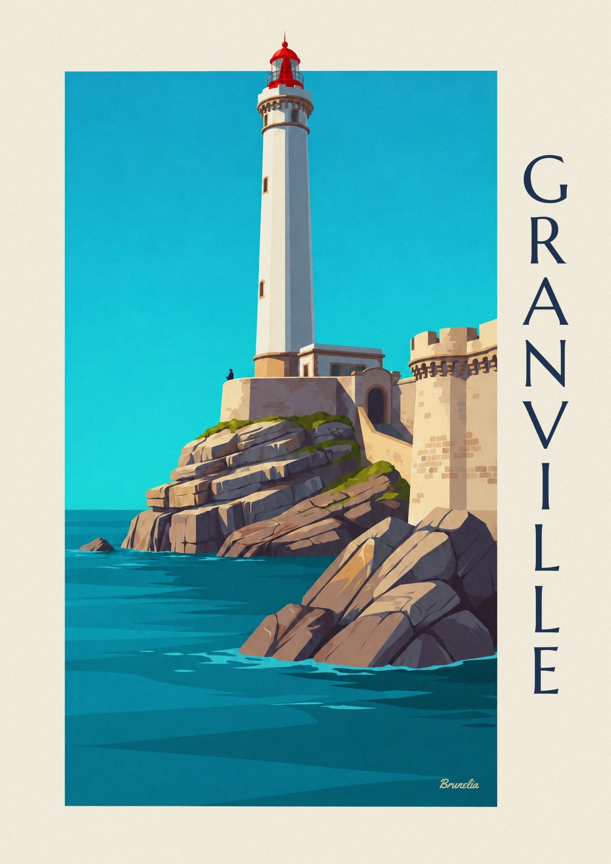 Affiche phare blanc à lanterne rouge sur les rochers de Granville
