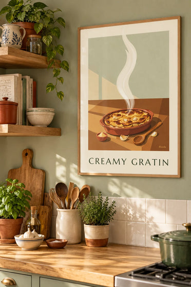 Poster gratin dauphinois dorato nella sua teglia di terracotta: incorniciato alla parete