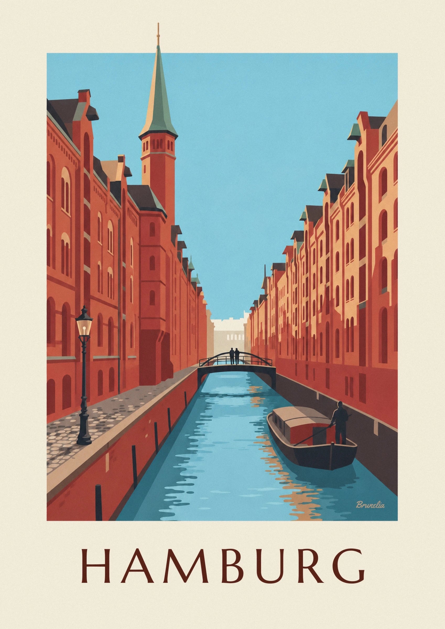 The red brick warehouses, their tall tower and a street lamp at the edge of the frame