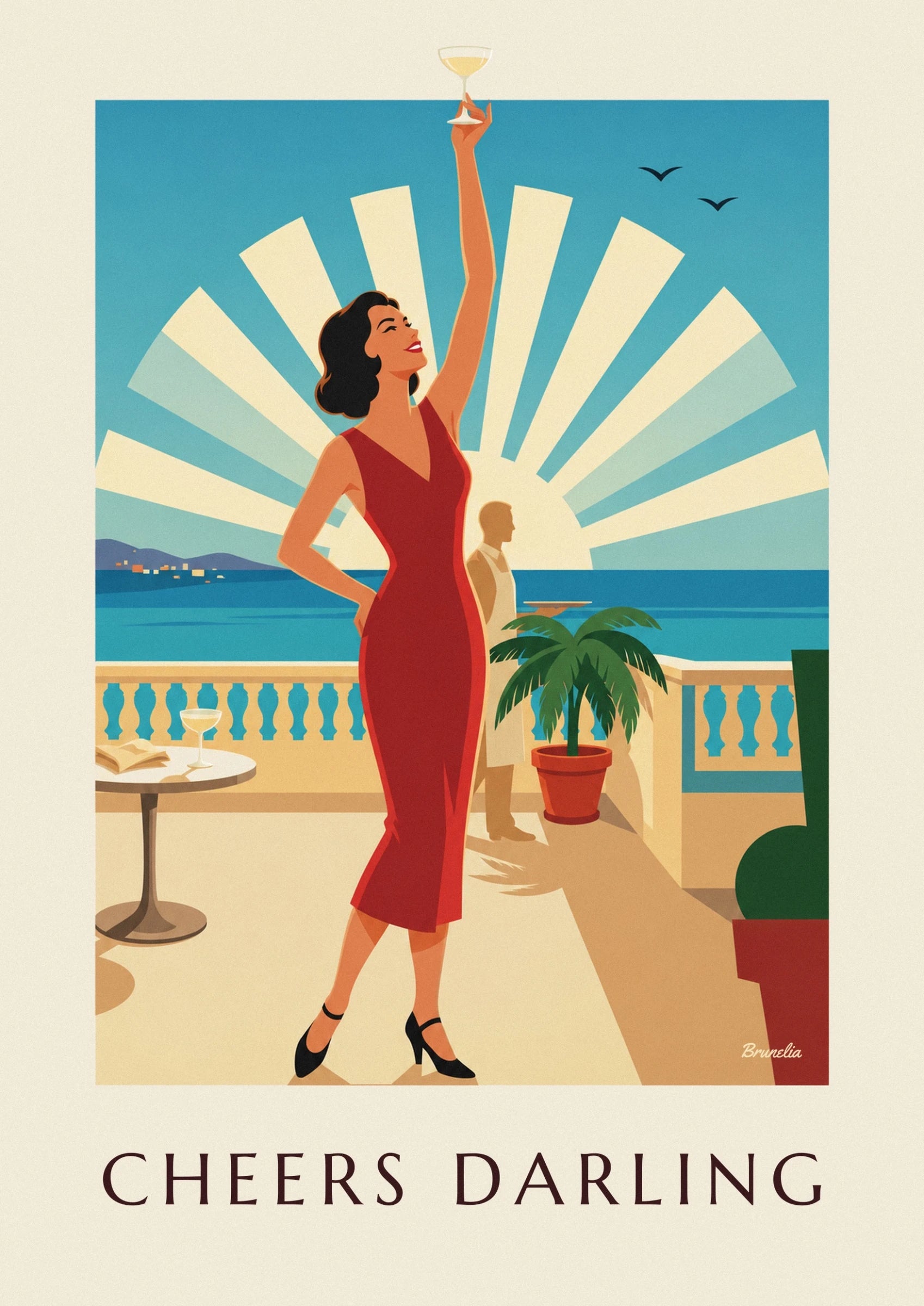 The dark-haired woman in a red dress with one arm raised in front of the turquoise sea