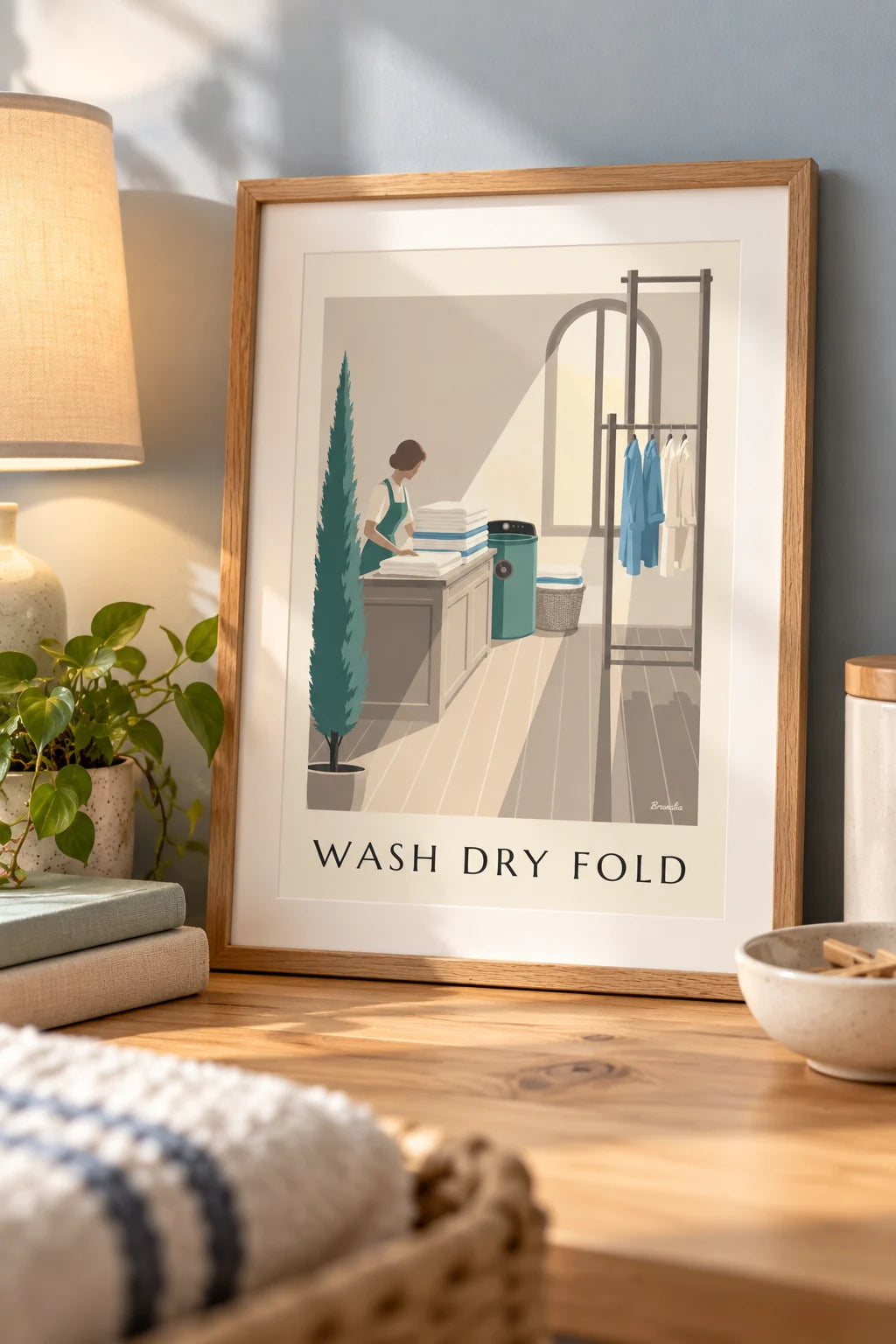 Laundry room: Laundry counter with folded linens and drying rack poster on the wall