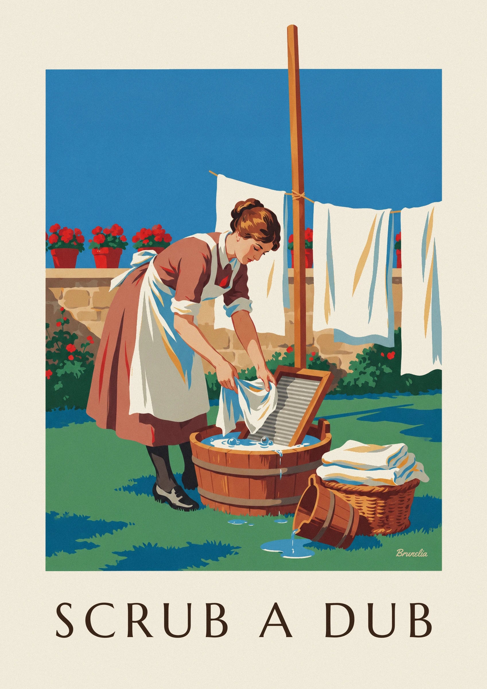 Woman at a washboard in a sunny courtyard poster: close-up detail