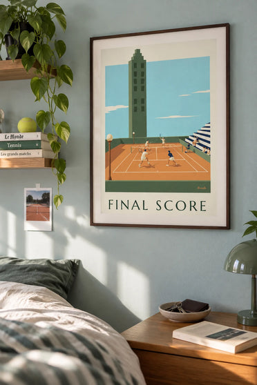 Poster tabellone segnapunti in legno a bordo di un campo da tennis: con cornice appeso al muro