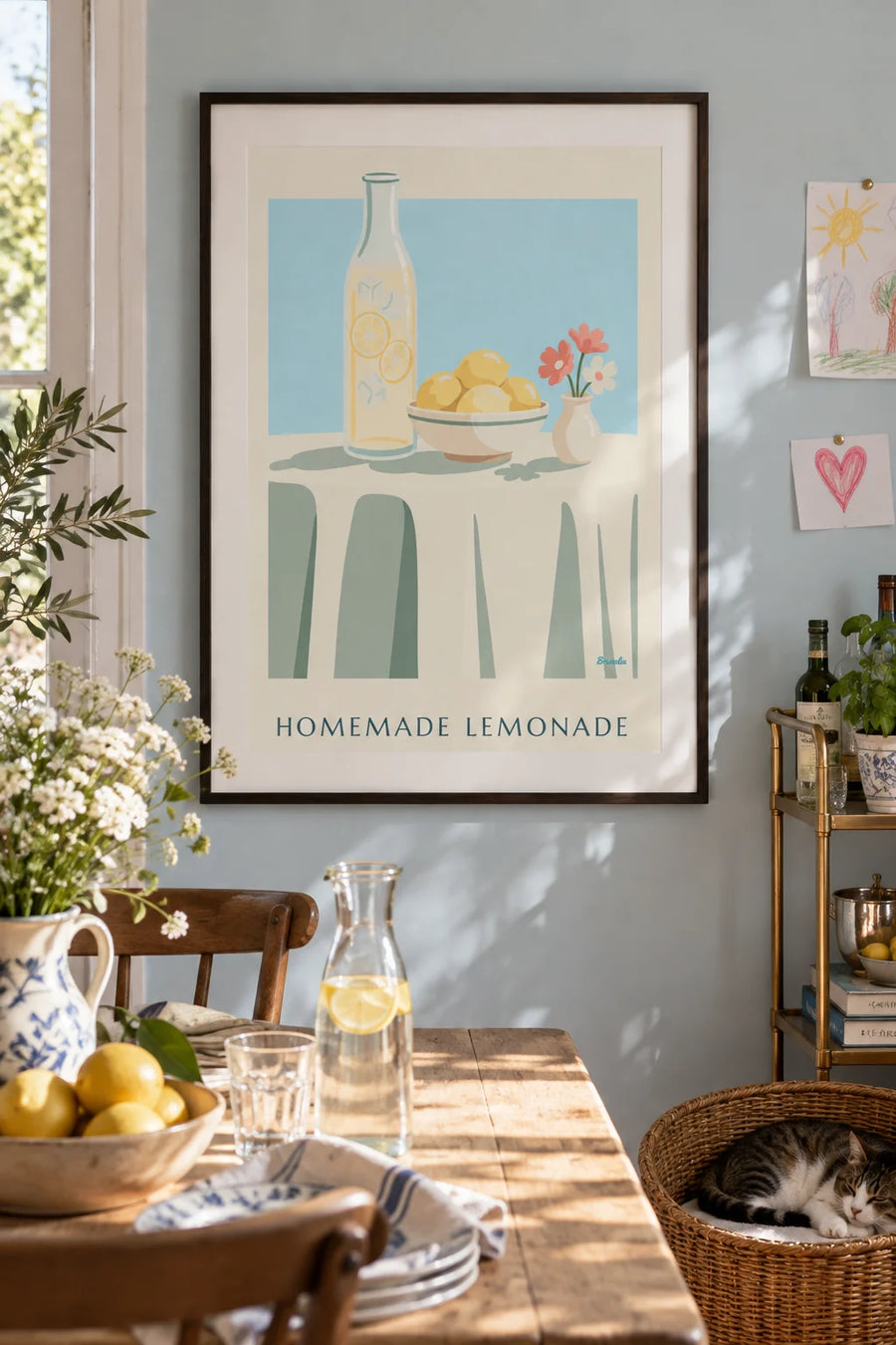 Affiche carafe de limonade maison et bol de citrons : encadrée au mur