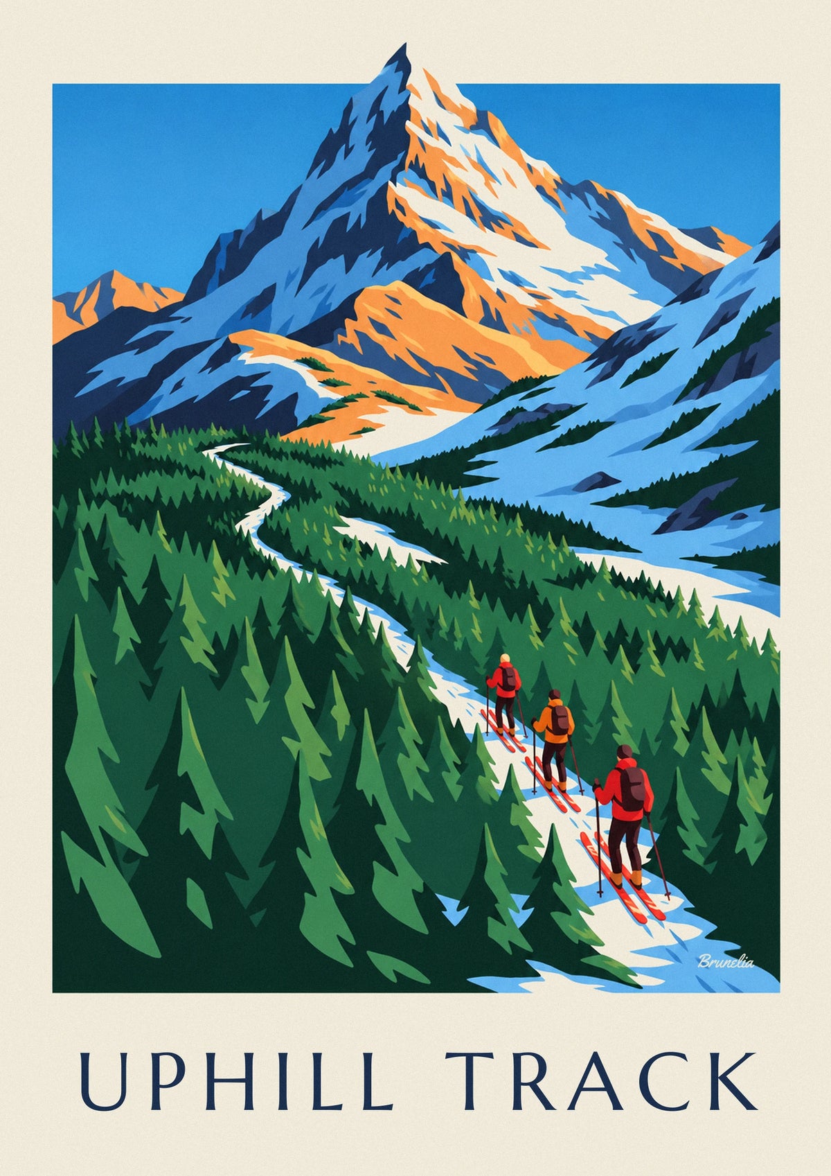 Affiche 3 skieurs de randonnée montant à travers les sapins