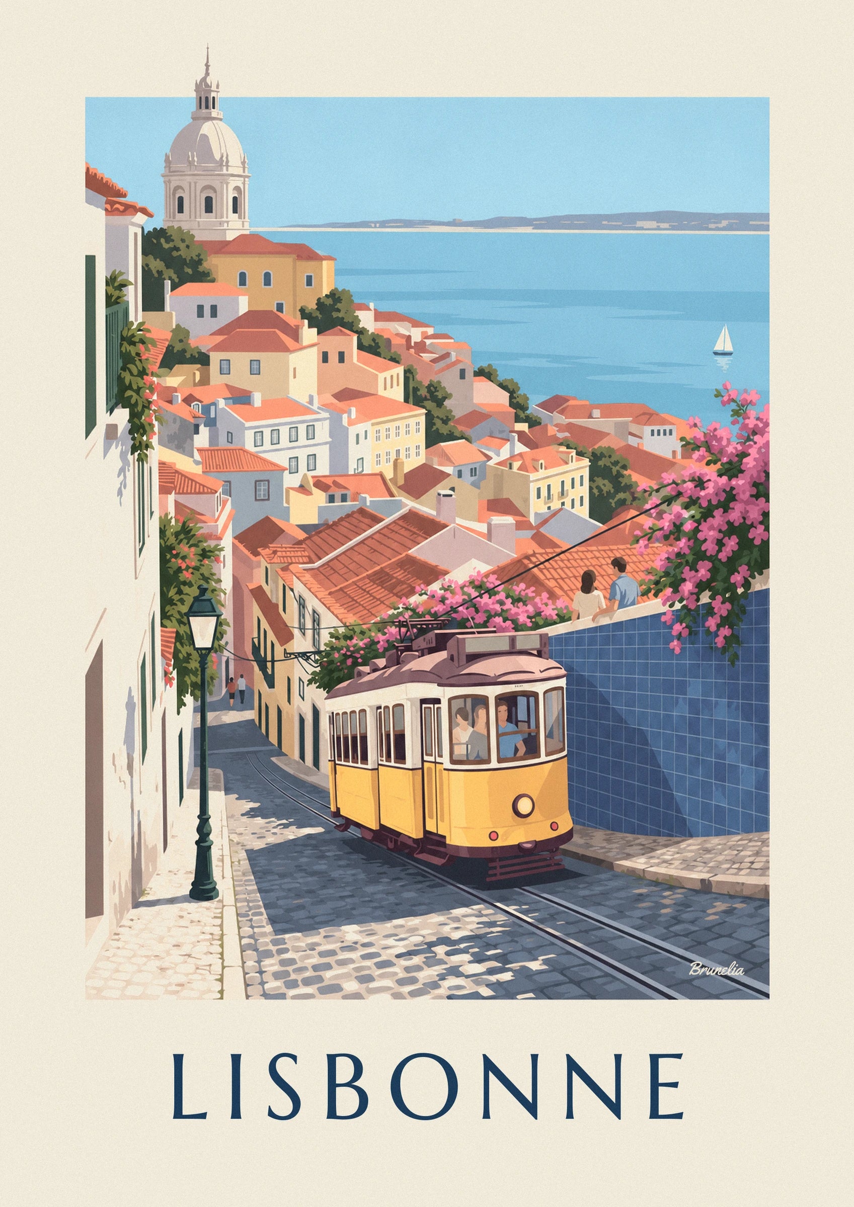 Il tram giallo che sale lungo la strada acciottolata, sotto le buganvillee rosa e il muro di azulejos blu
