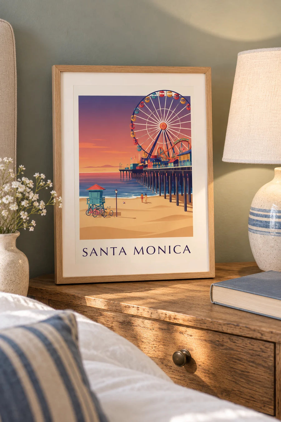 Poster del molo di Santa Monica al tramonto: formato piccolo A4 incorniciato