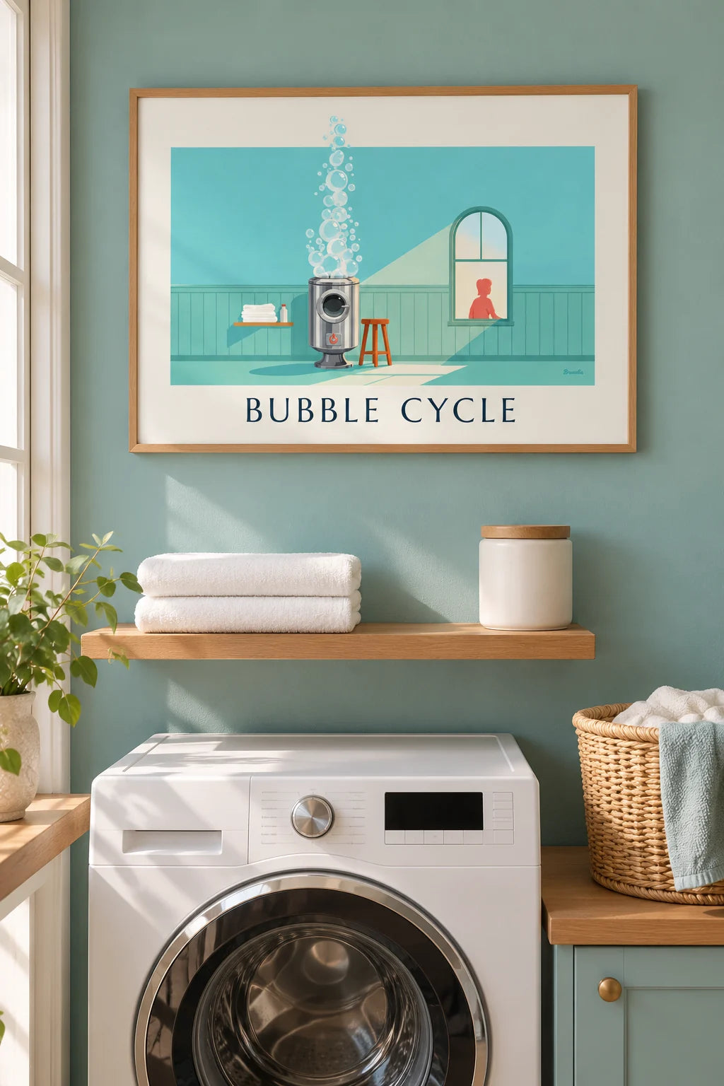 Laundry room: Front-loading washing machine and soap bubbles poster on the wall