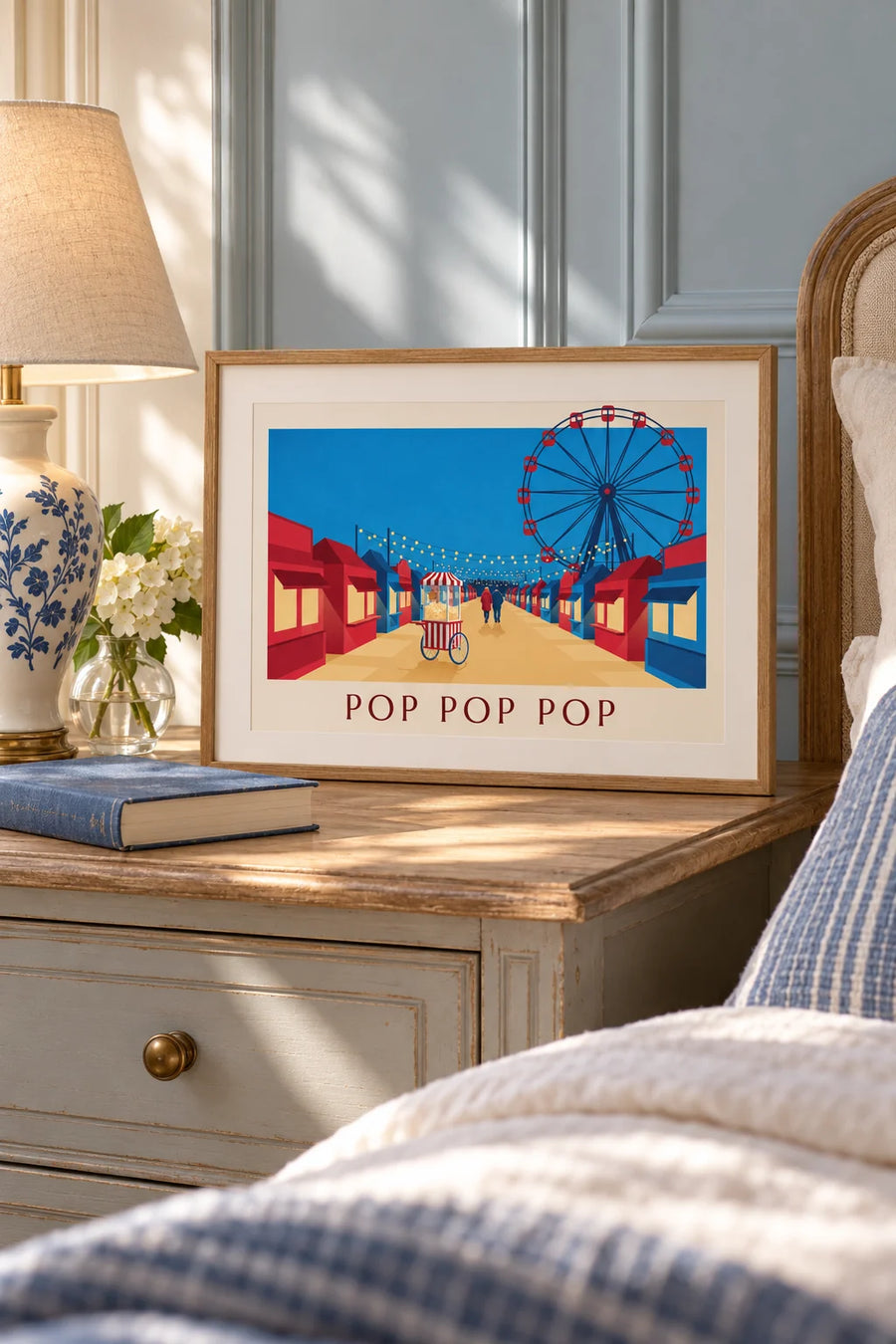 Poster macchina del pop-corn a righe rosse e bianche al luna park: formato piccolo A4 con cornice