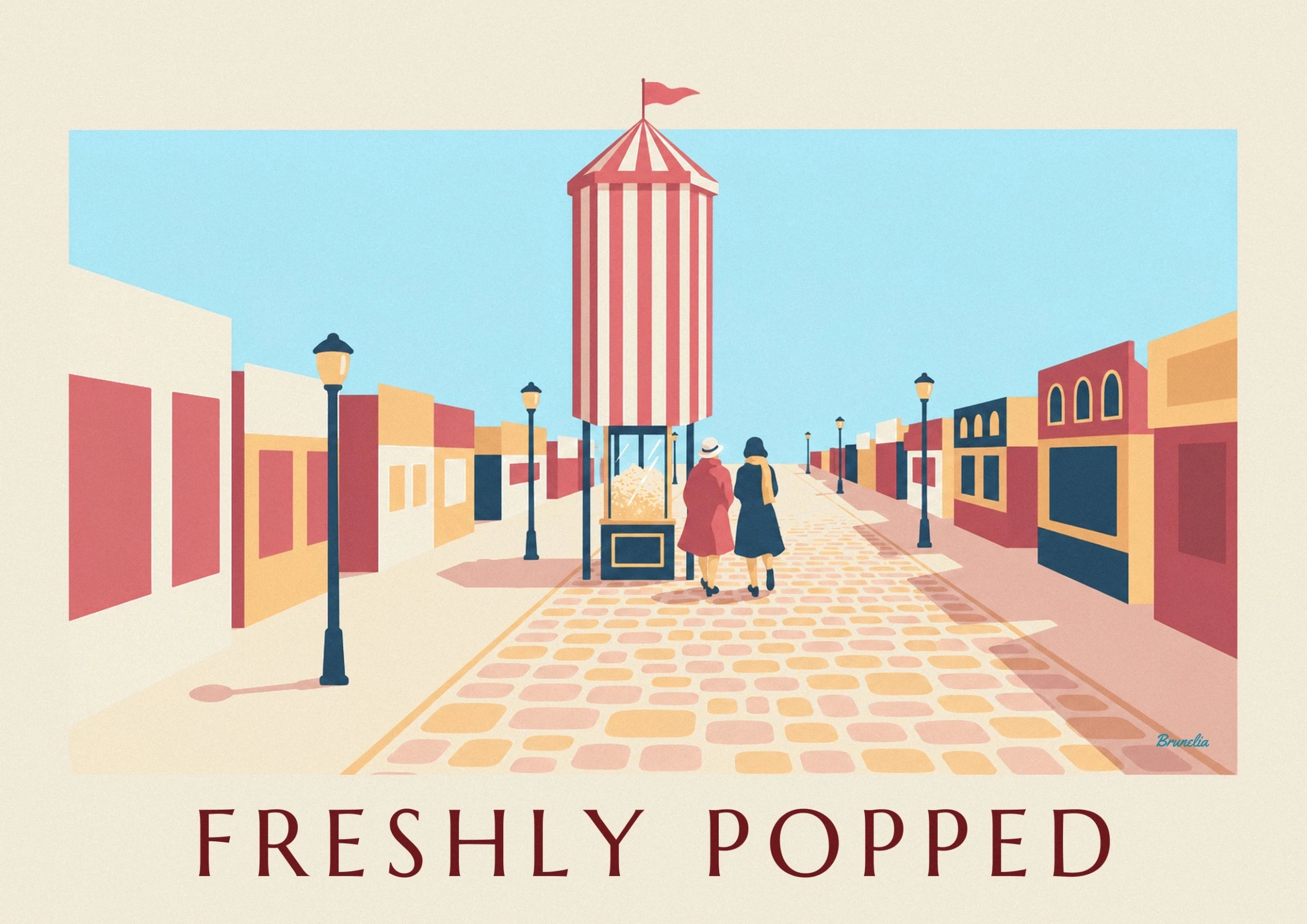 The red and white striped popcorn machine and 2 women strolling along the cobbled walkway