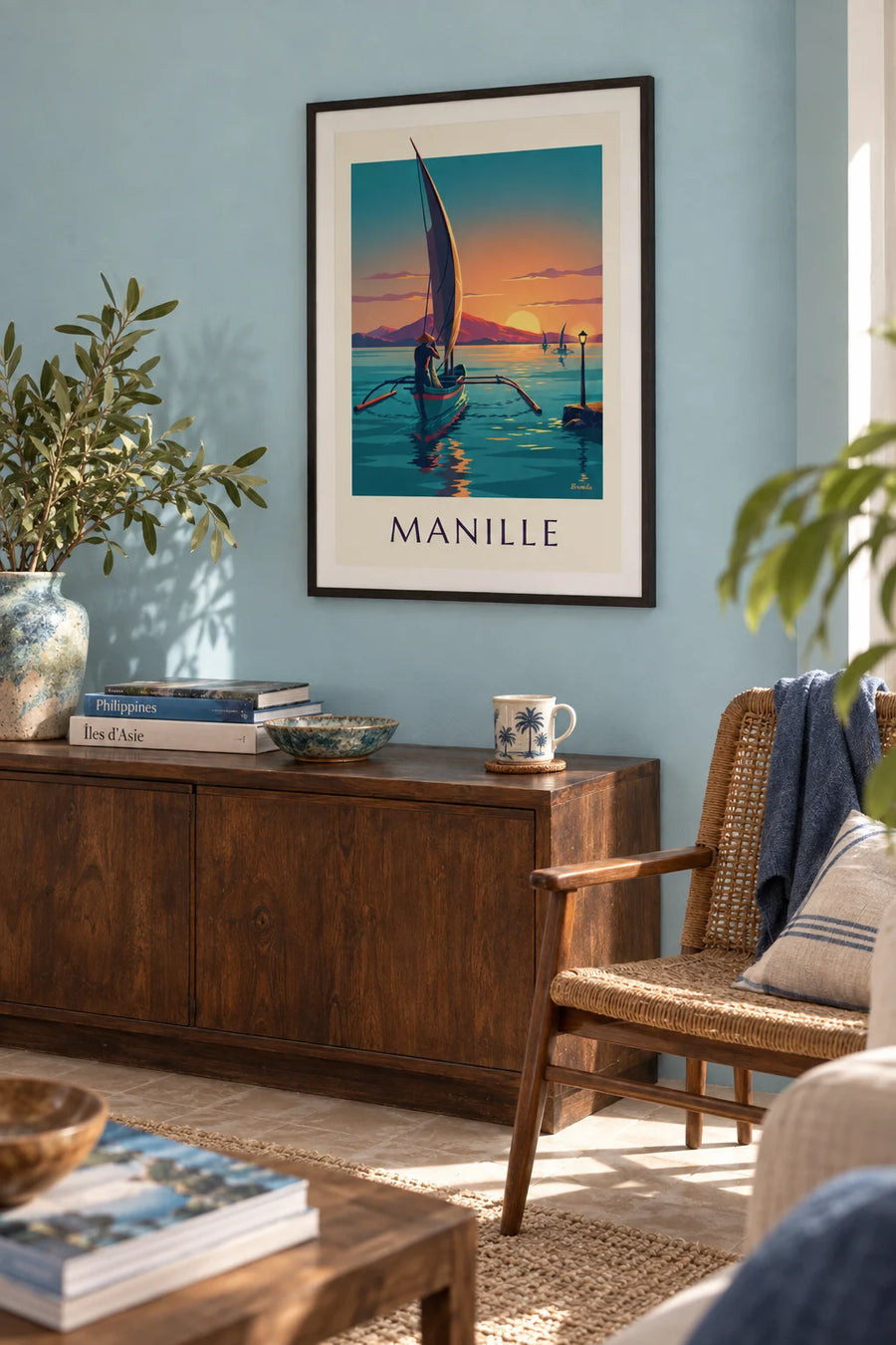 Poster piroga bangka nella baia di Manila al tramonto: incorniciato al muro