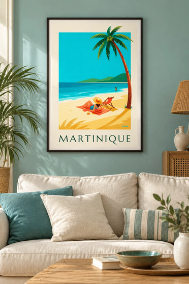 Poster donna su una spiaggia di sabbia bianca in Martinica : incorniciato alla parete
