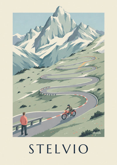 Poster of a motorcyclist on the switchbacks of the Stelvio Pass in Italy: the full poster