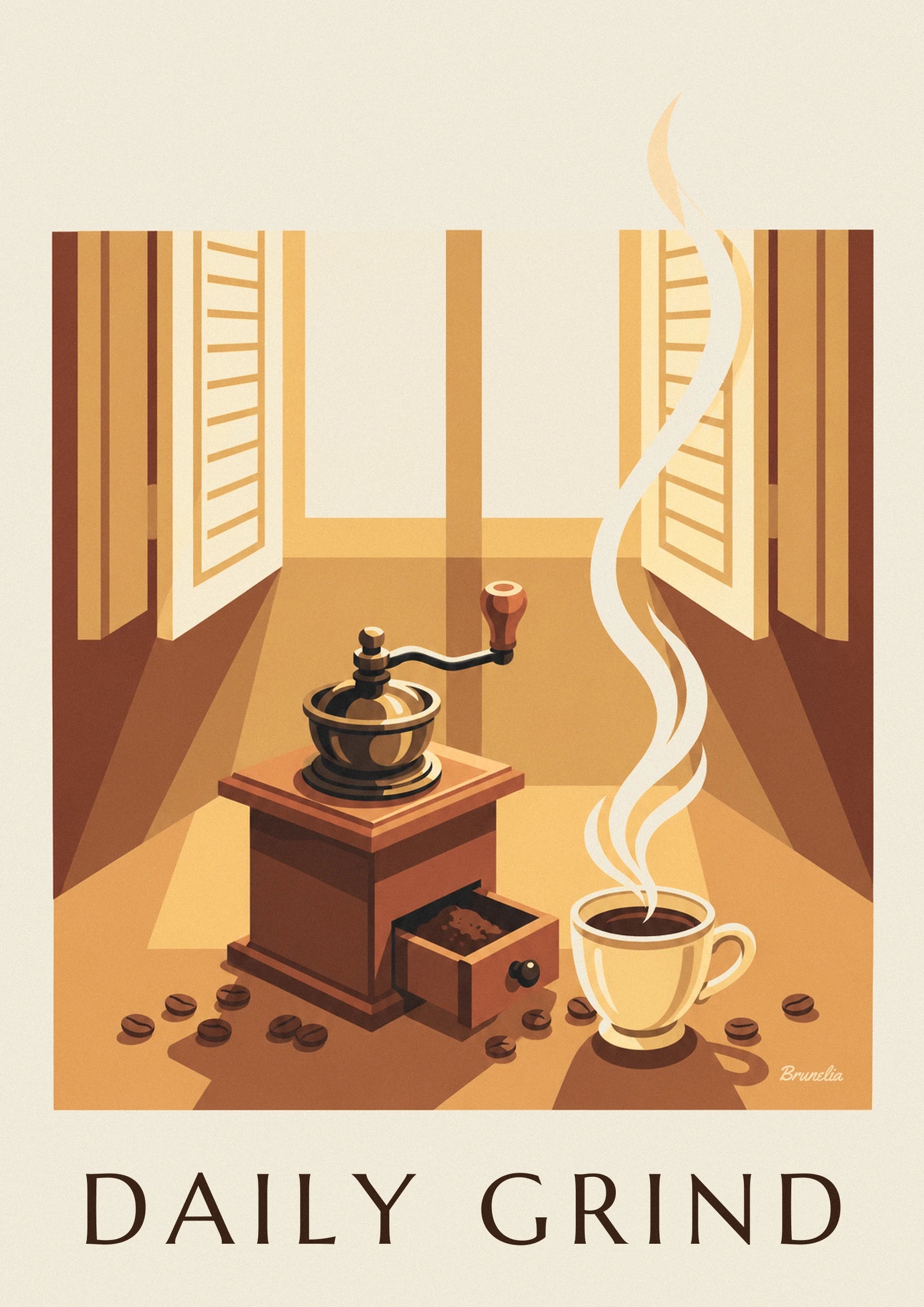 Wooden coffee grinder and coffee beans poster: close-up detail