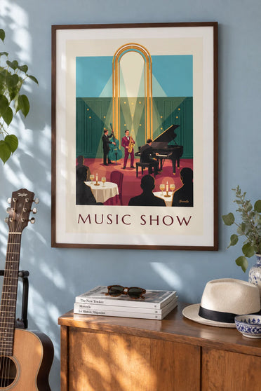 Poster of a jazz club, a burgundy saxophone and a golden arch: framed on a wall