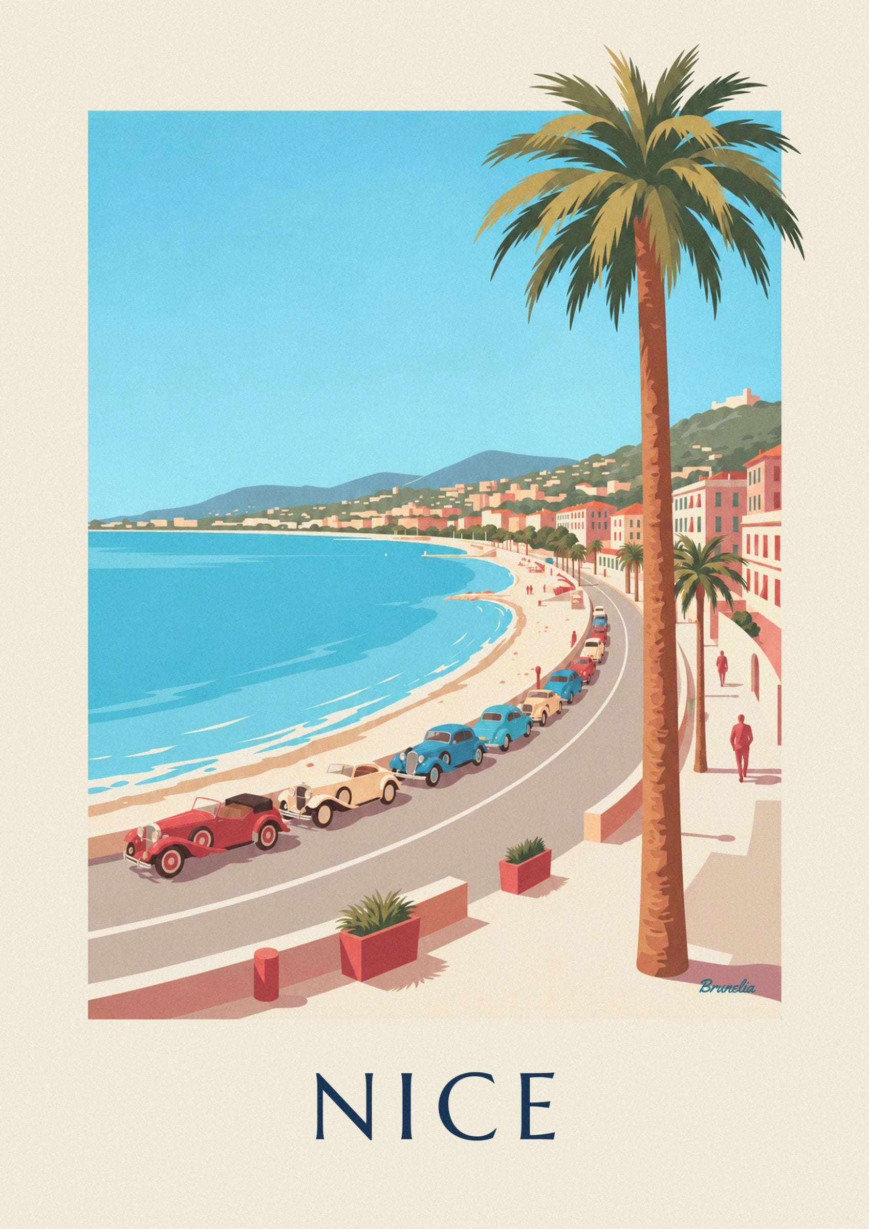 Le auto rosse, color crema e blu lungo la Baia degli Angeli