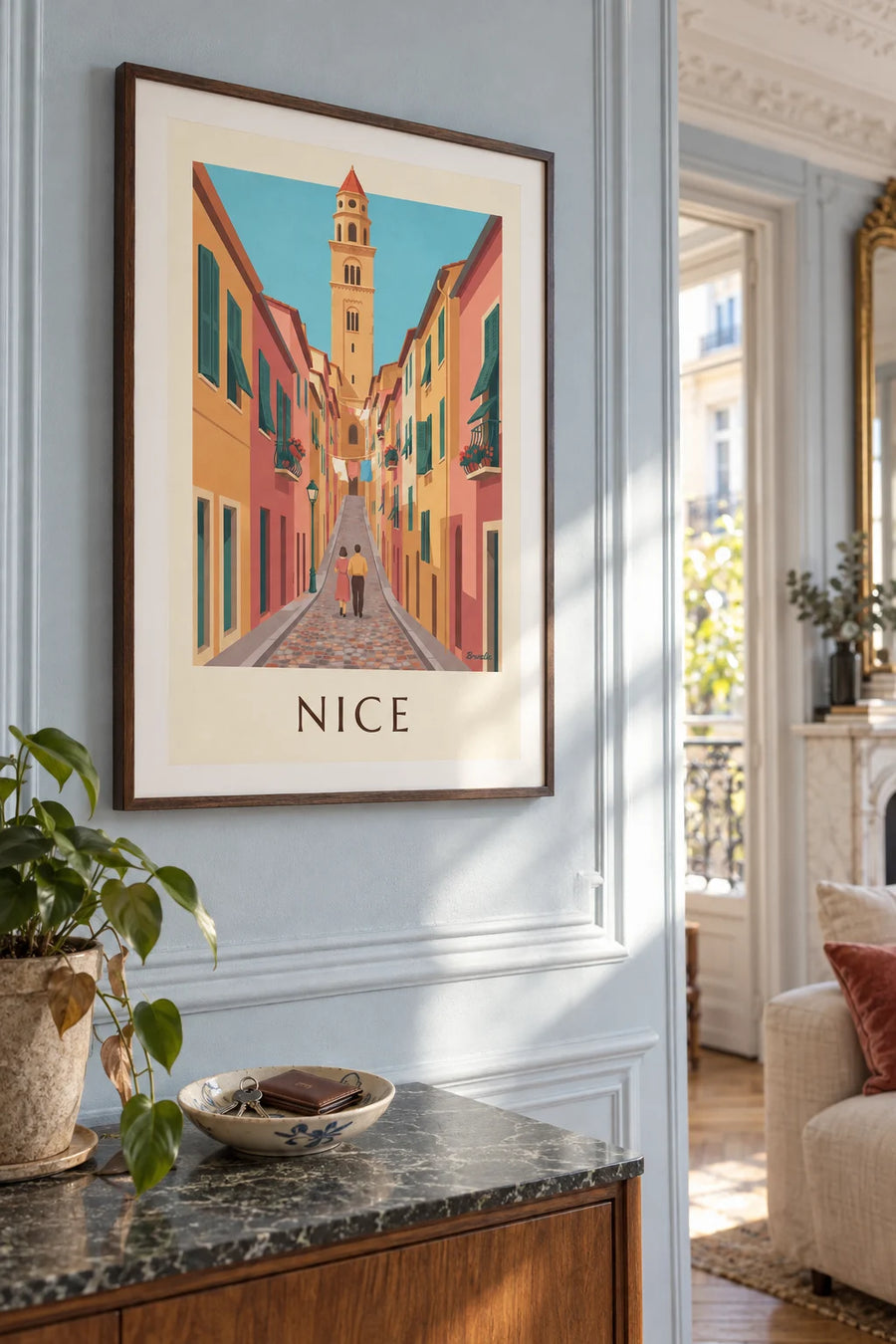 Poster of a colorful Old Nice alley and the Sainte-Réparate bell tower: framed on the wall