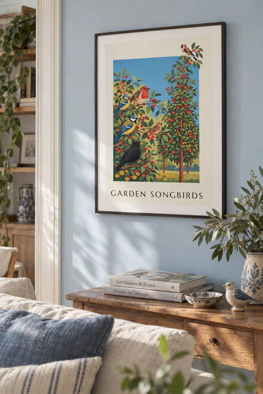 Affiche planche naturaliste des oiseaux chanteurs du jardin : encadrée au mur