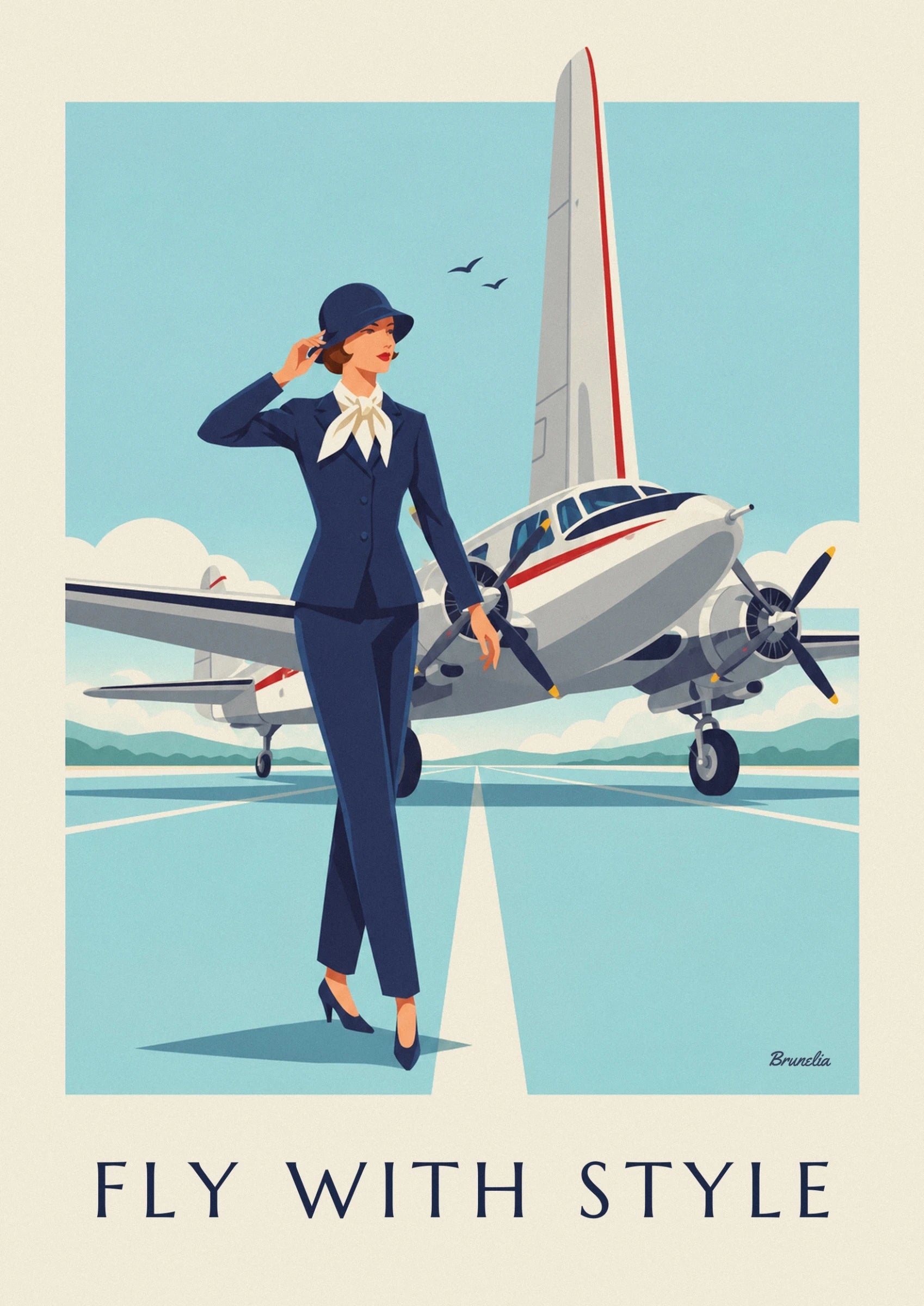 Una donna in tailleur blu navy e foulard avorio, con una mano sul cappello