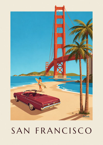 Affiche décapotable devant le Golden Gate à San Francisco : l'affiche entière