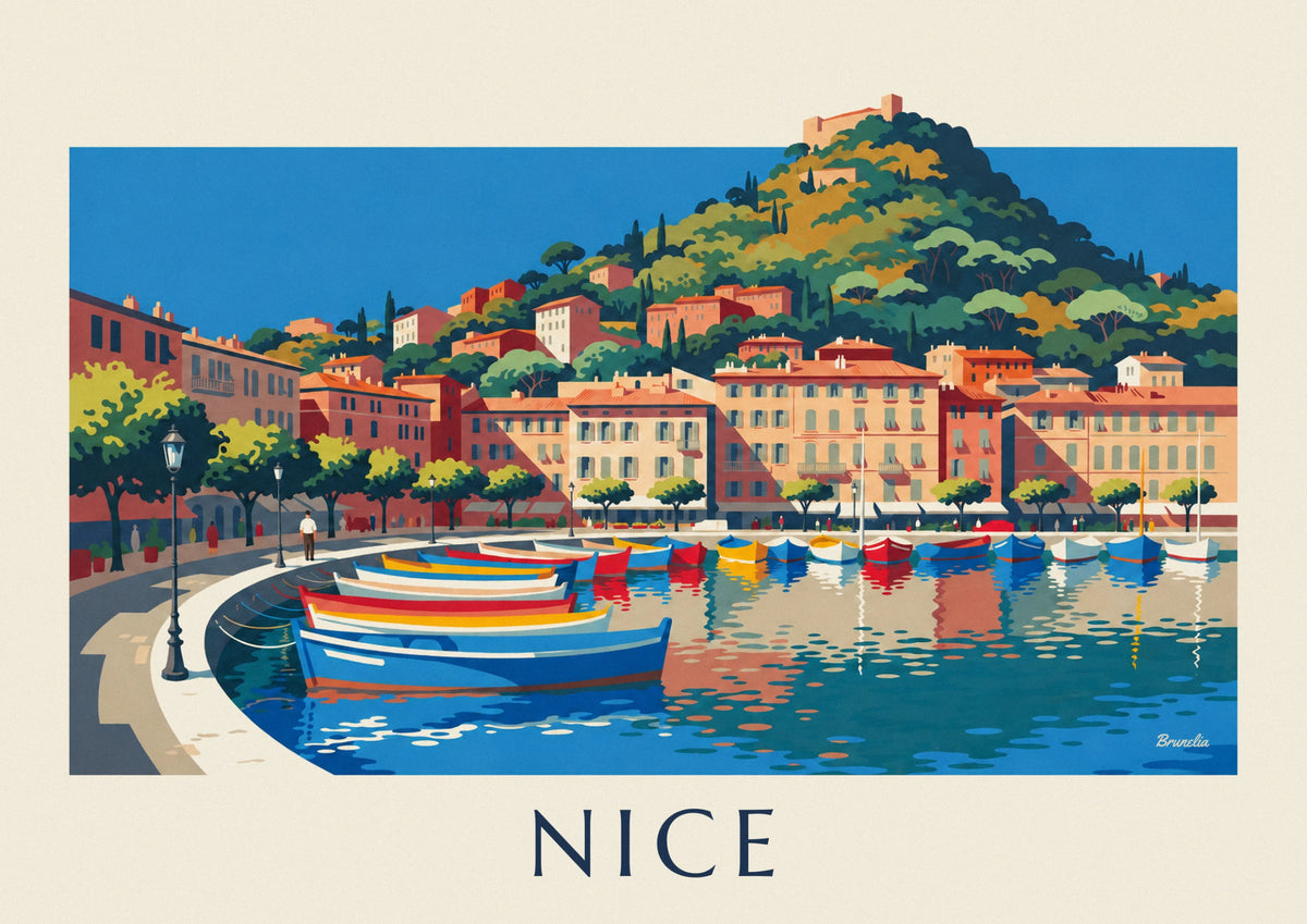 Affiche port Lympia et colline du Château à Nice