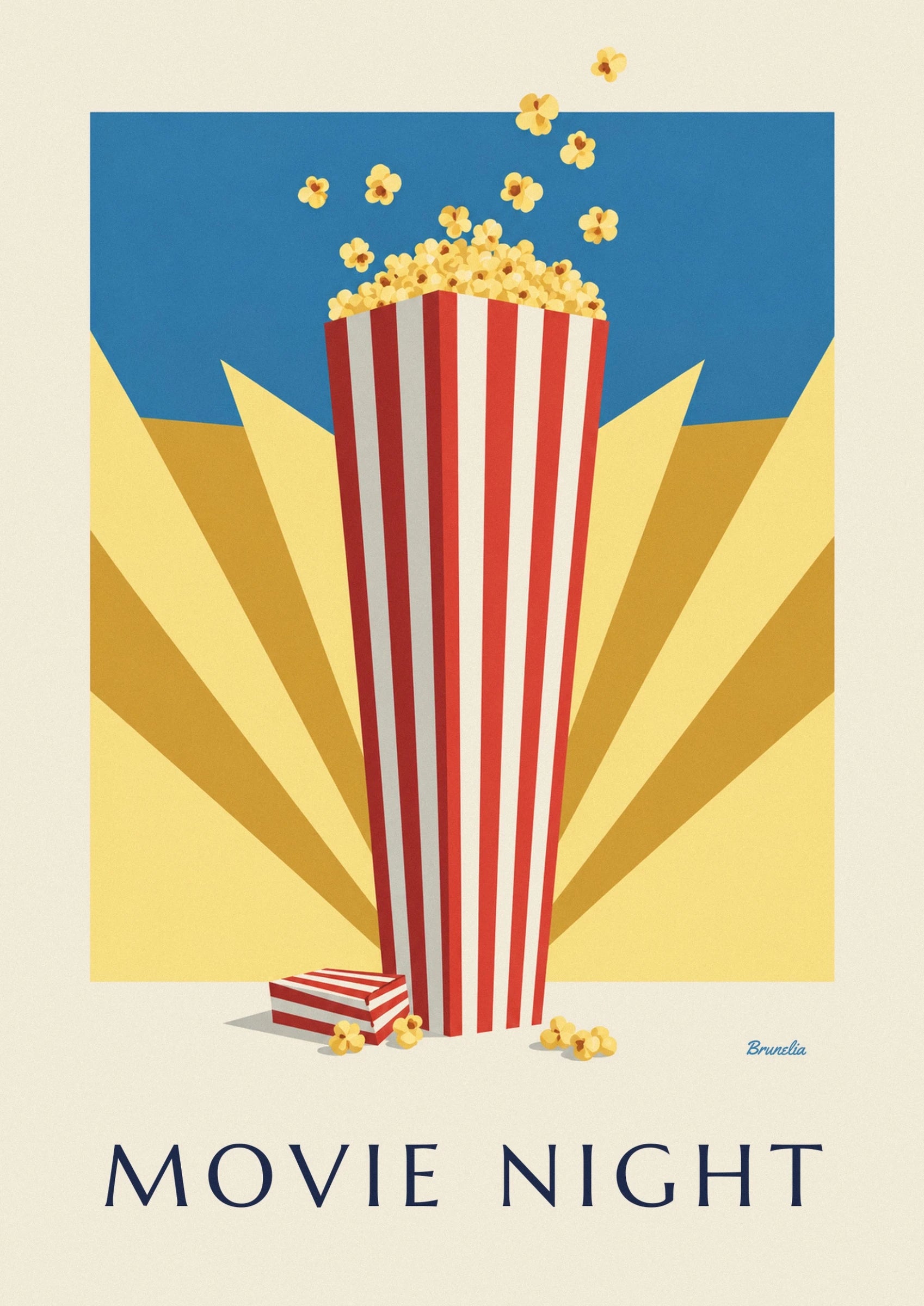 Le righe rosse e bianche del cono di popcorn su uno sfondo giallo raggiante