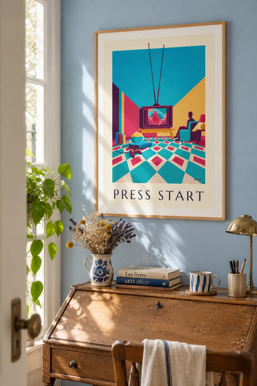 Poster console per videogiochi e amici con il joystick in mano: incorniciato alla parete