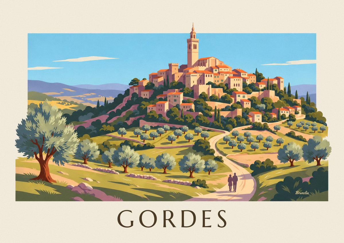 Affiche village perché de Gordes et ses oliviers dans le Luberon