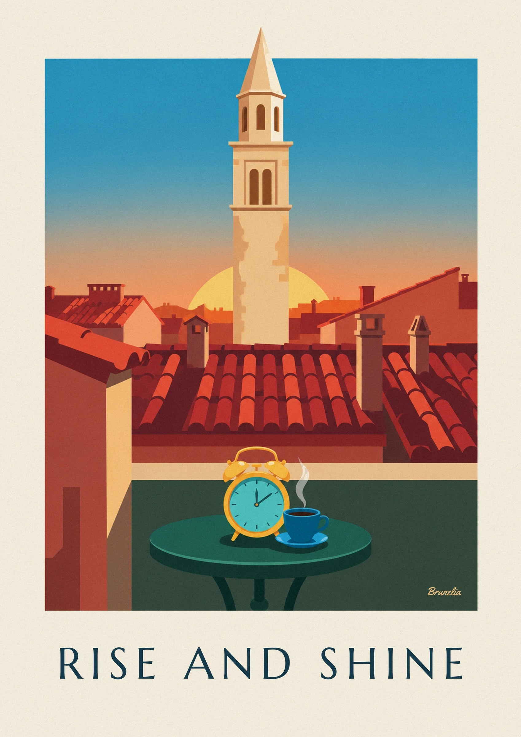 La sveglia gialla e la tazza di caffè blu fumante sul tavolo verde
