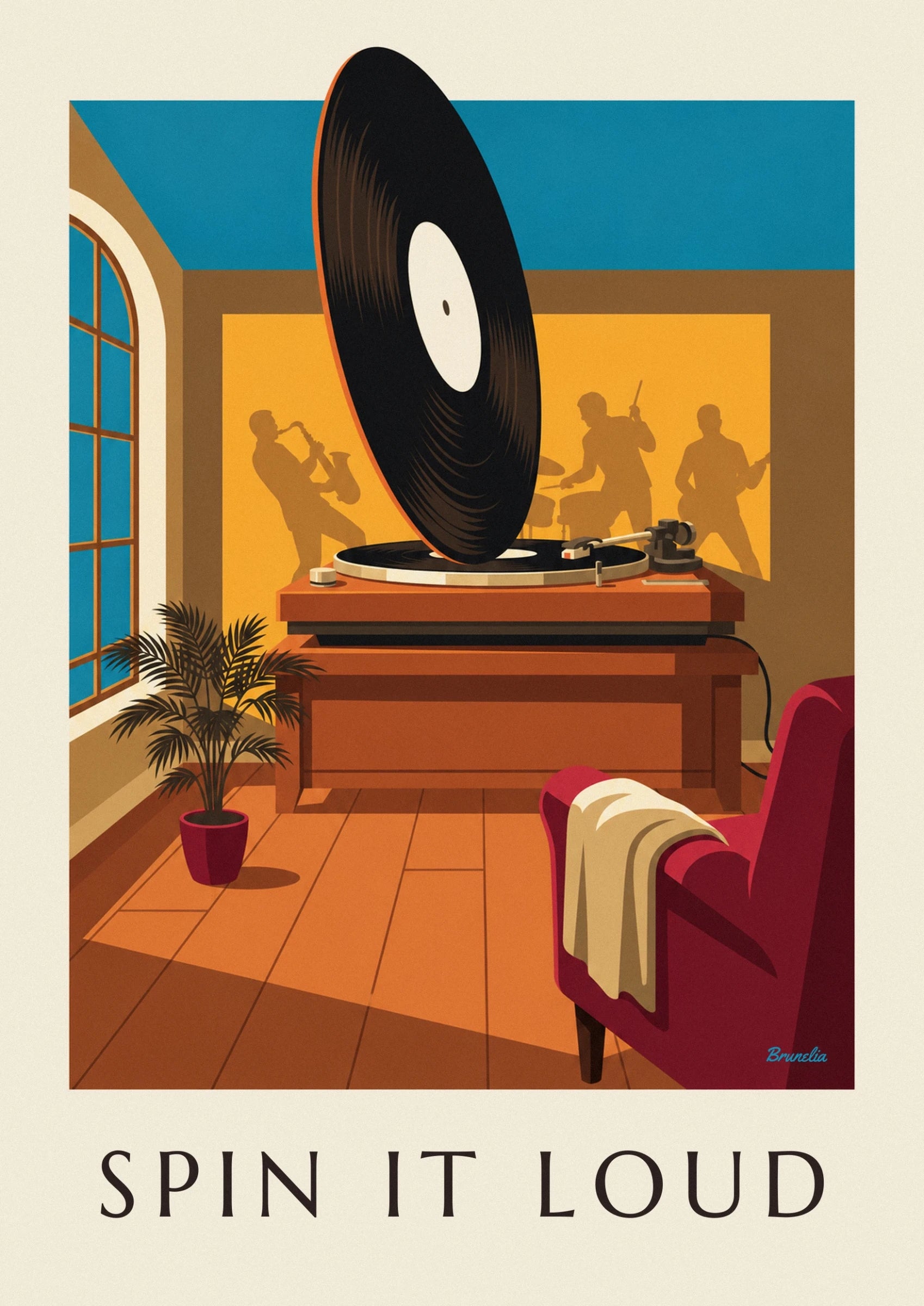 Il disco in vinile nero con l'etichetta color crema, davanti alle sagome dei musicisti