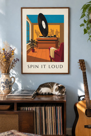 Poster of a rock vinyl record on the turntable: framed on the wall