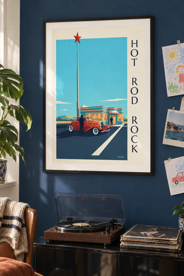 Affiche voiture hot rod devant un diner rock and roll : encadrée au mur