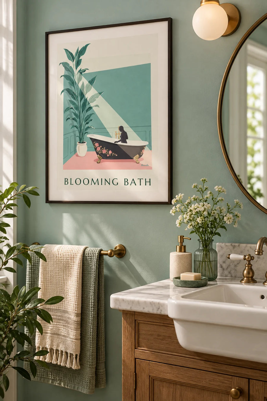 Poster vasca da bagno fiorita su parete verde e pavimento rosa: incorniciato a parete