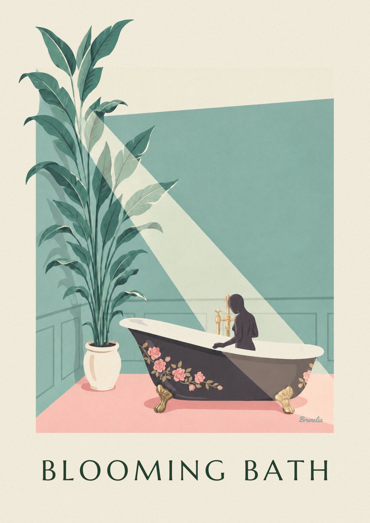 Affiche baignoire fleurie sur mur vert et sol rose