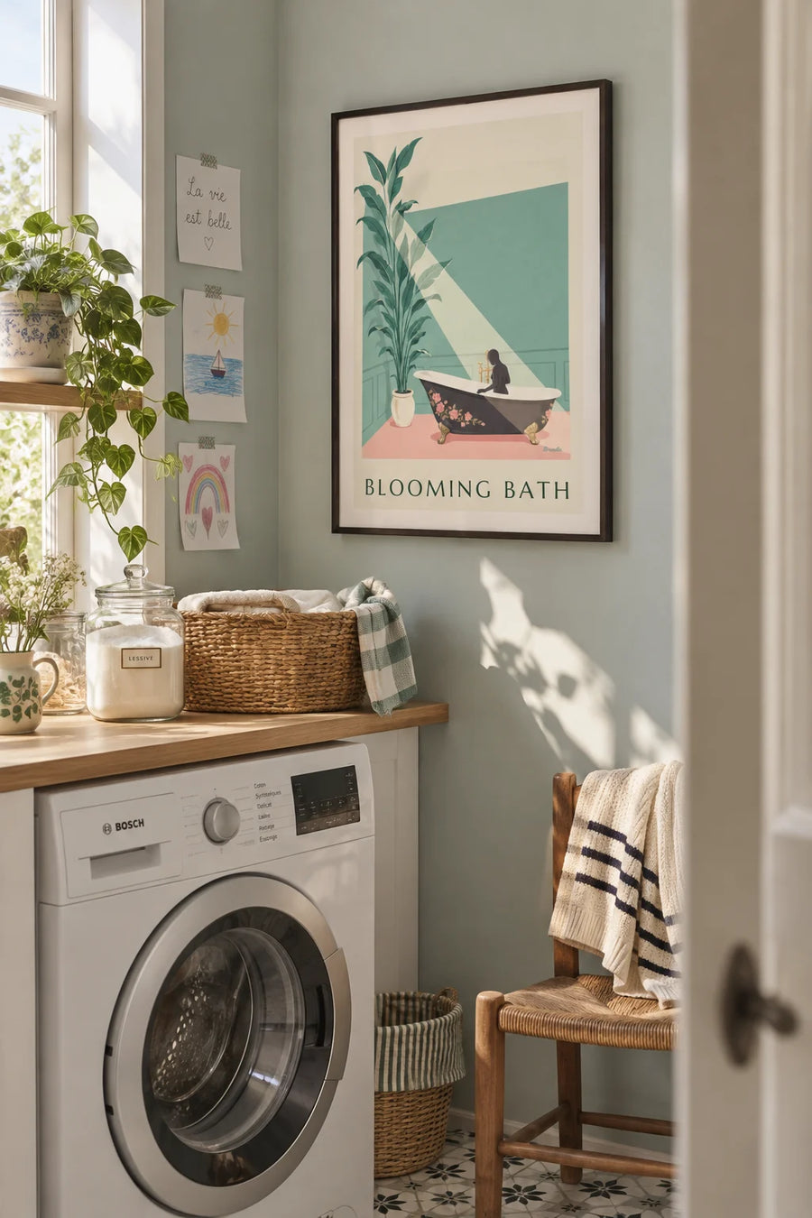 Poster of a flower-filled bathtub on a green wall and pink floor: framed on the wall