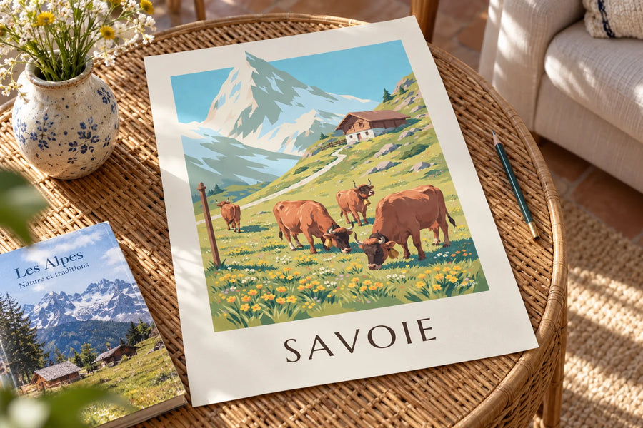 Affiche vaches tarines dans les alpages de Savoie : posée sur une table