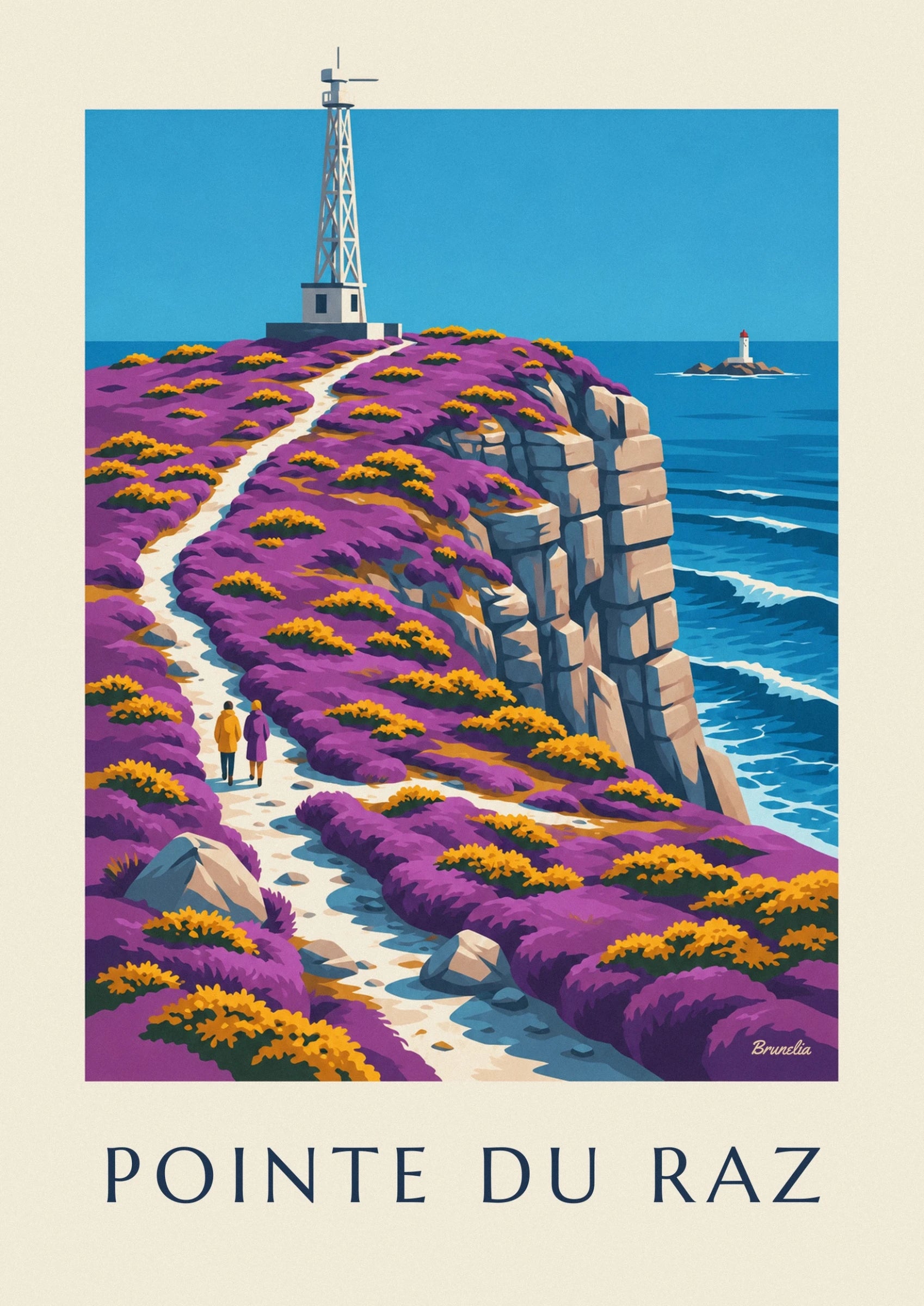 La torre di metallo di fronte al mare blu sopra la brughiera viola
