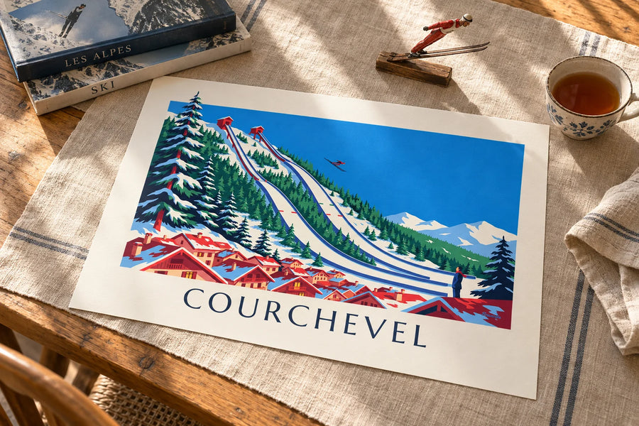 Poster trampolini di salto con gli sci di Courchevel al Praz: appoggiato su un tavolo